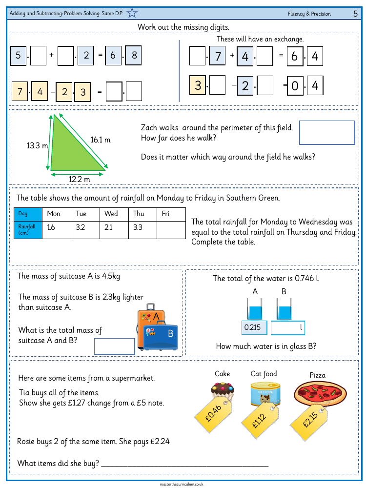 Decimals - Add and Subtract Decimals problem solving same decimal place - Worksheet