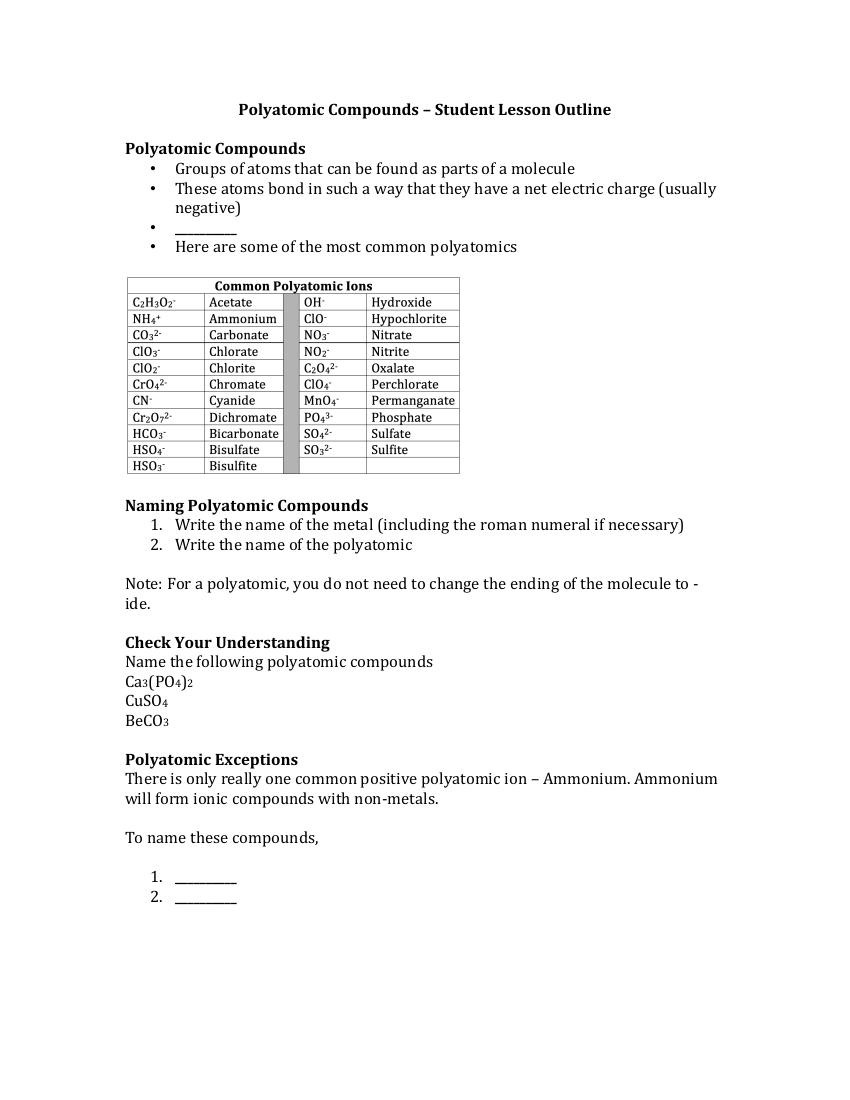 Polyatomic Compounds - Student Lesson Outline