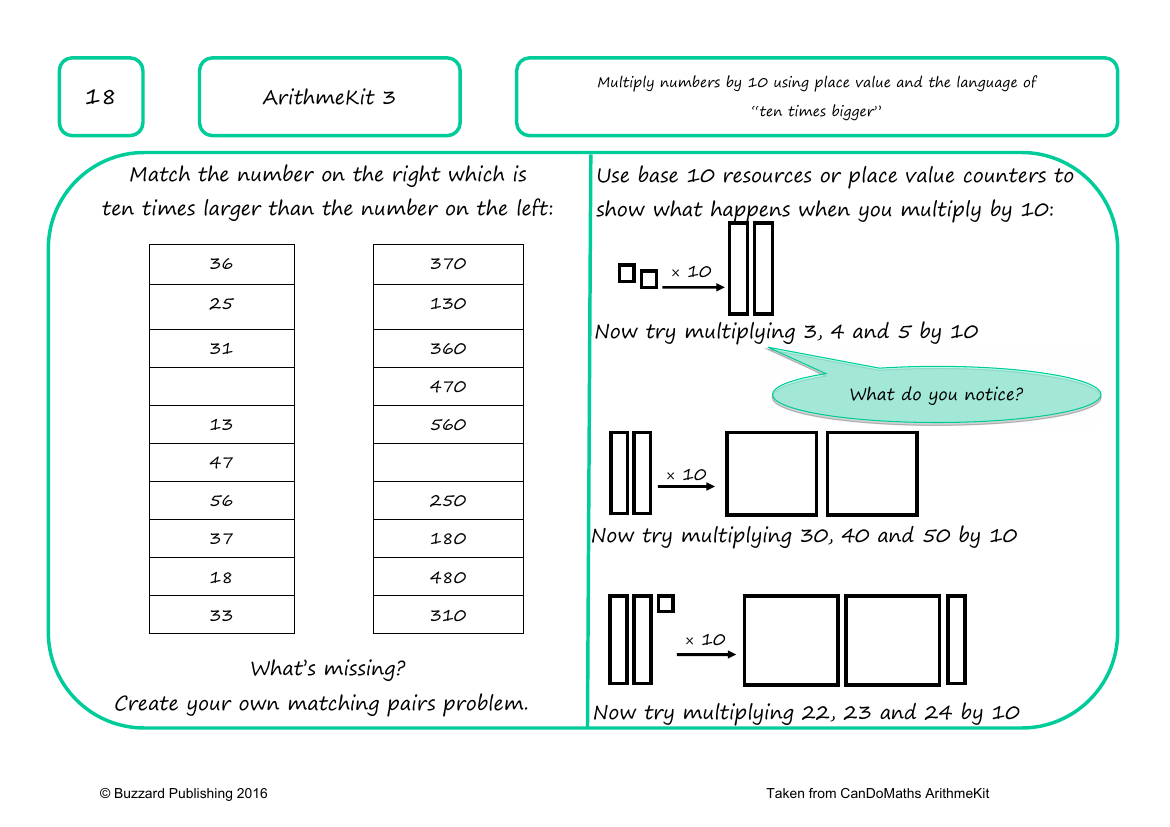 Multiply and divide numbers by 10 using place value and the language of â€œten times biggerâ€