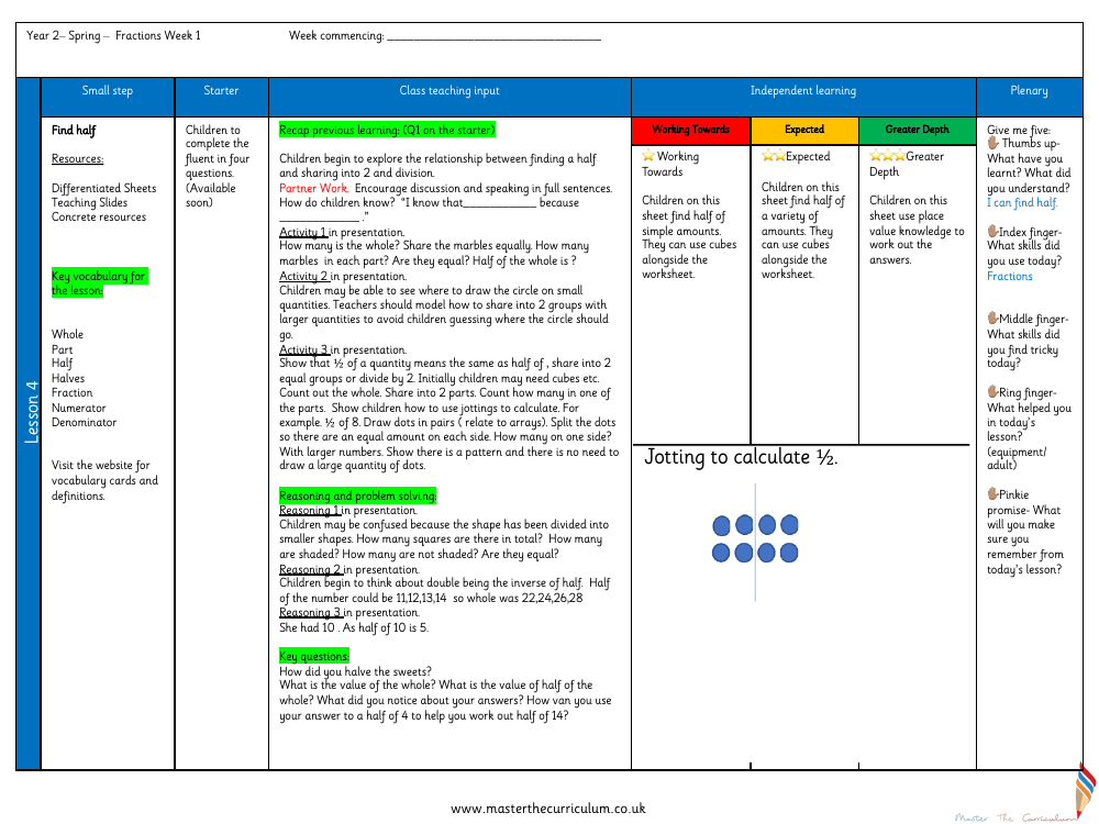 Fractions - Find a half - Planning