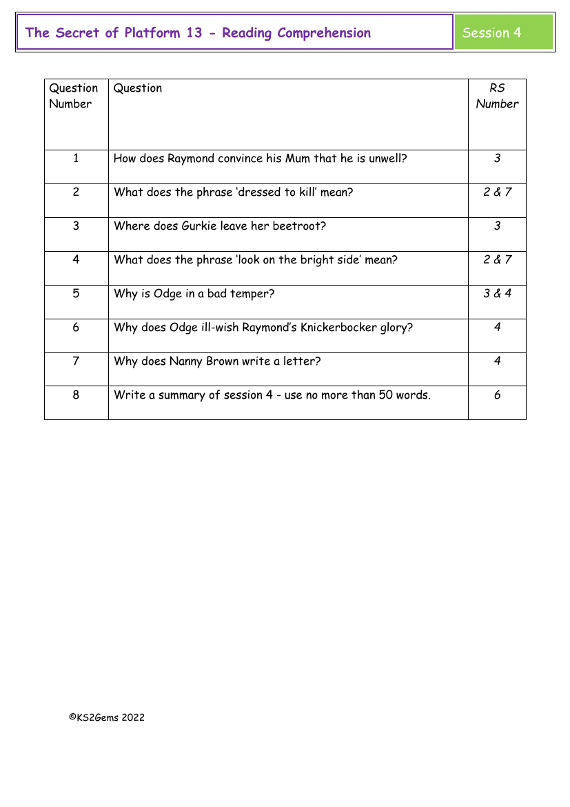 The Secret of Platform 13 - Session 4 - Reading Comprehension