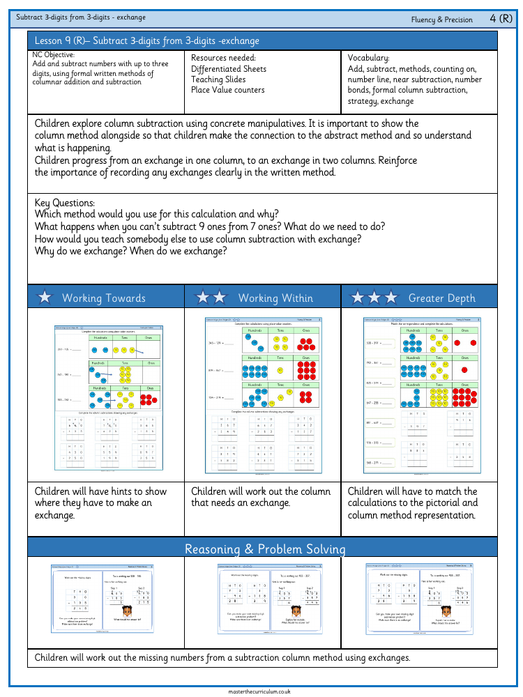 Addition and Subtraction - Subtract a three digit number from a three digit number (exchange) - Worksheet