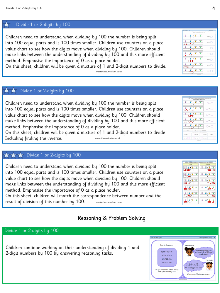 Decimals - Divide 1 or 2 Digits by 100 - Worksheet