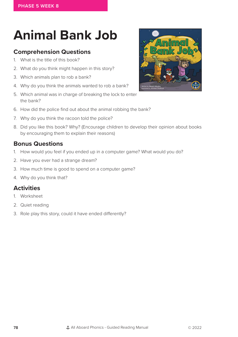 Week 8, Guided Reading "Animal Bank Job" -Phonics Phase 5 - Worksheet