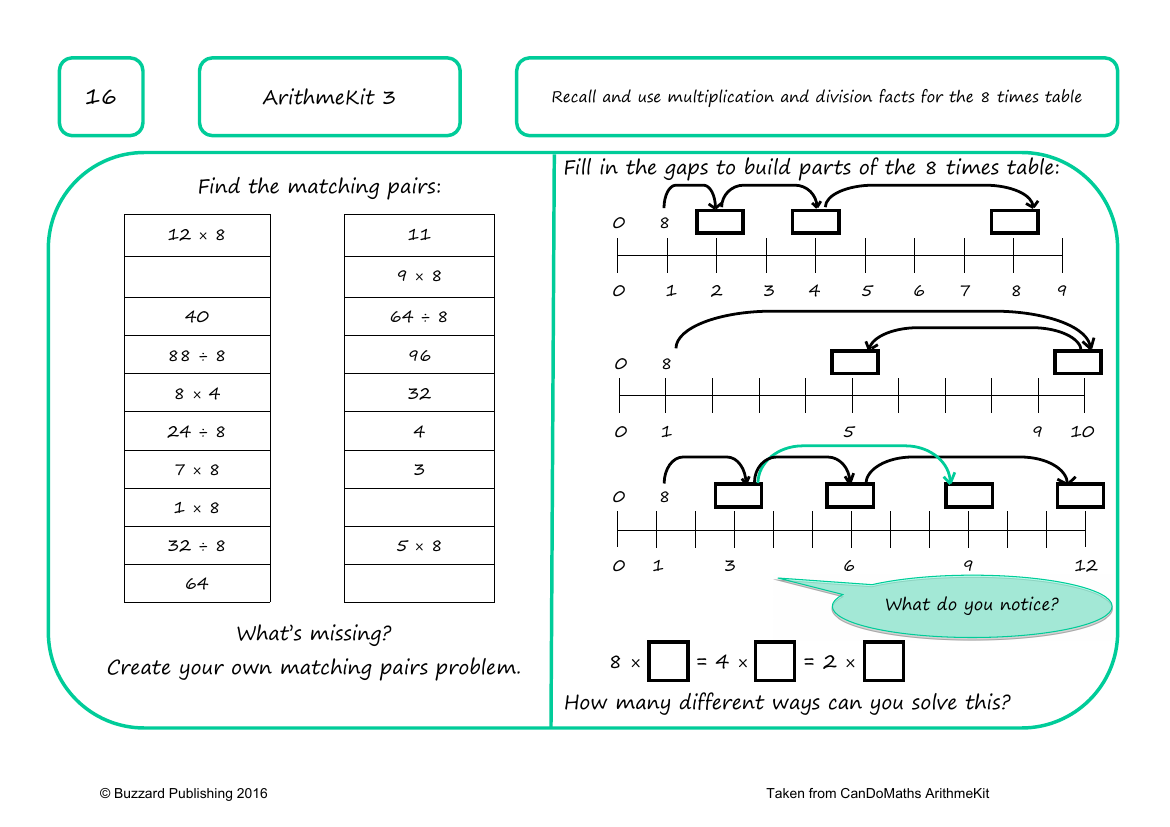 Recall and use multiplication and division facts for the 8Ã— table