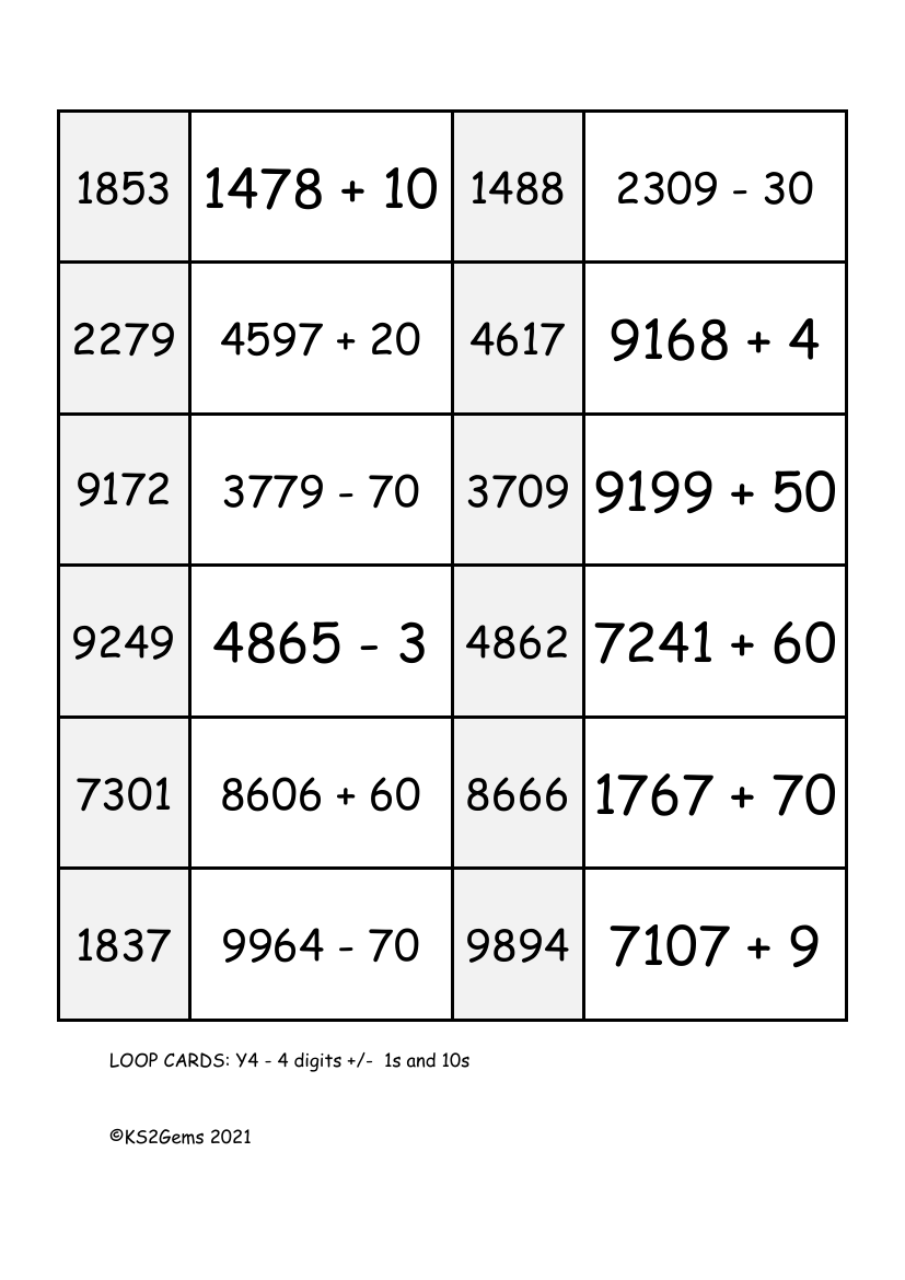 Loop Card Game - 4 digits adding and subtracting 1s and 10s