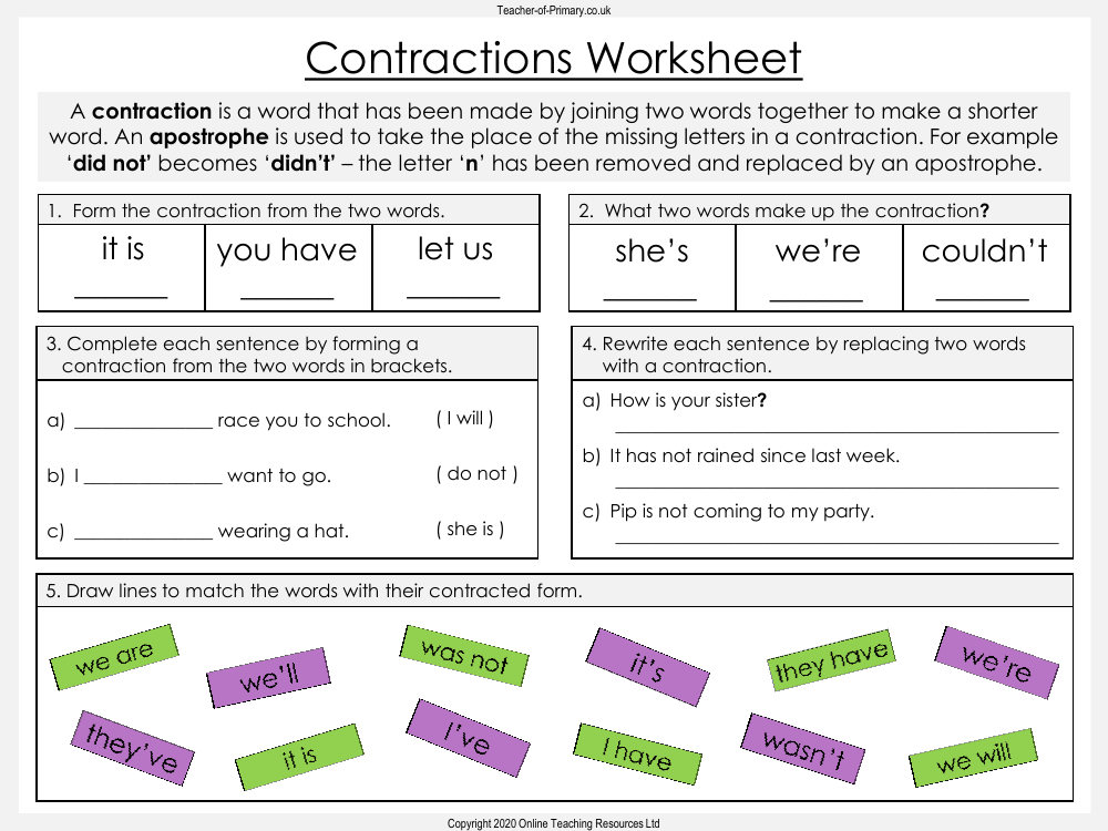 year 2 contractions worksheet