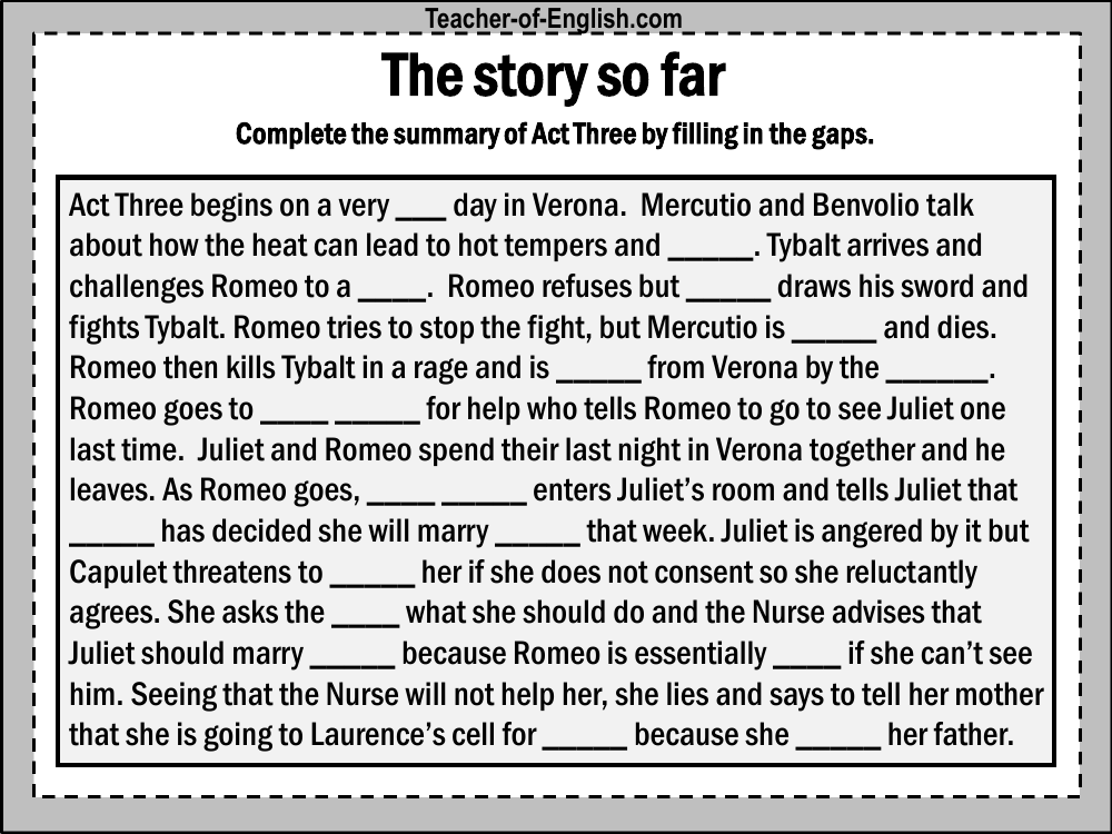 Romeo & Juliet Lesson 26: Got the Plot? - The Story so Far Worksheet