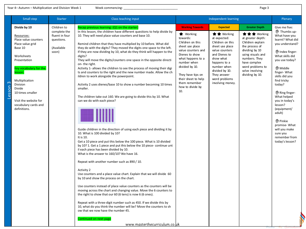 Multiplication and Division - Divide by 10 - Planning