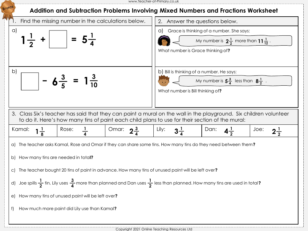 Solving Problems Involving Adding and Subtracting Fractions and Mixed Numbers - Worksheet