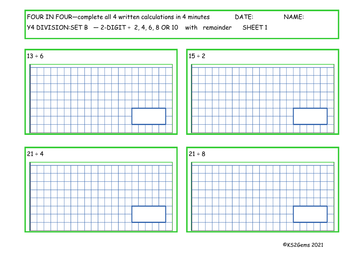 Four in Four -  Division Set B 2 digit number - 2, 4 6, 8 or 10 with remainder