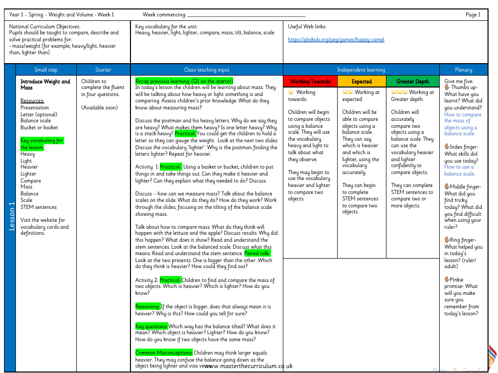 Weight and volume - Introduce weights and mass - Planning