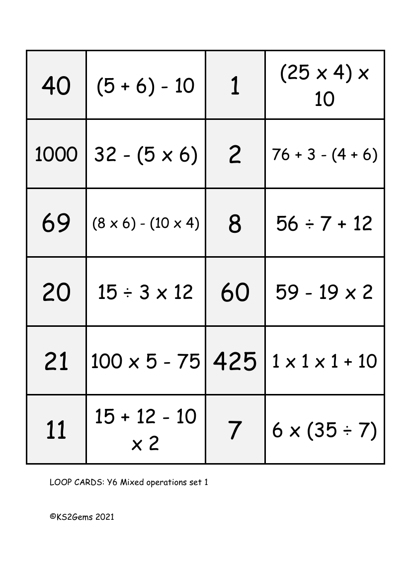 Loop Card Game -  Mixed operations set 1