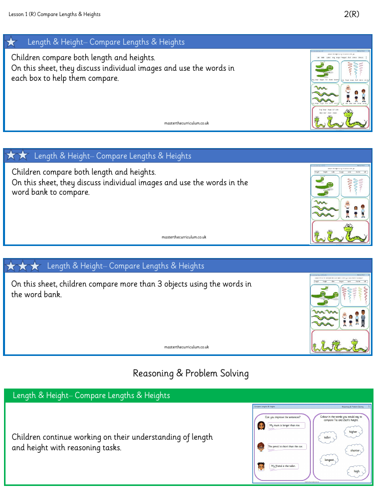 Length and height - Compare lengths and heights - Worksheet