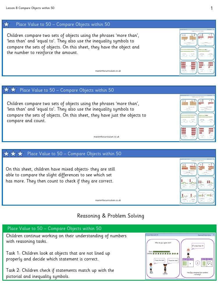 Place Value within 50 - Compare objects within 50 - Worksheet