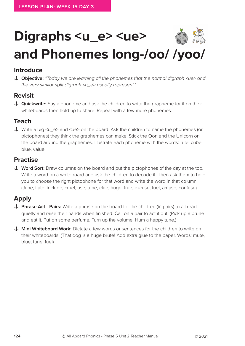 Week 15, lesson 3 Digraphs "u_e, ue" and Phonemes long "oo", "yoo" - Phonics Phase 5, unit 2 - Lesson plan