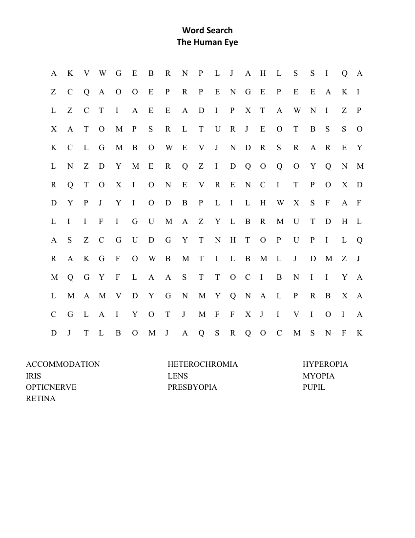 The Human Eye - Word Search