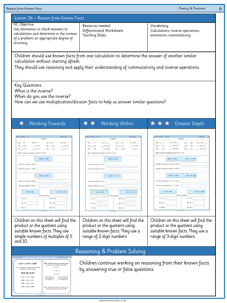 Addition, Subtraction, Multiplication and Division - Reason from known facts - Worksheet