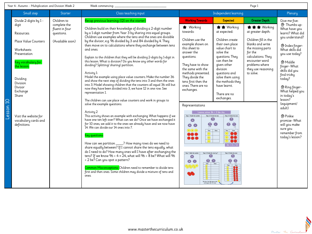 Multiplication and Division - Divide 2-digits by 1-digit - Planning