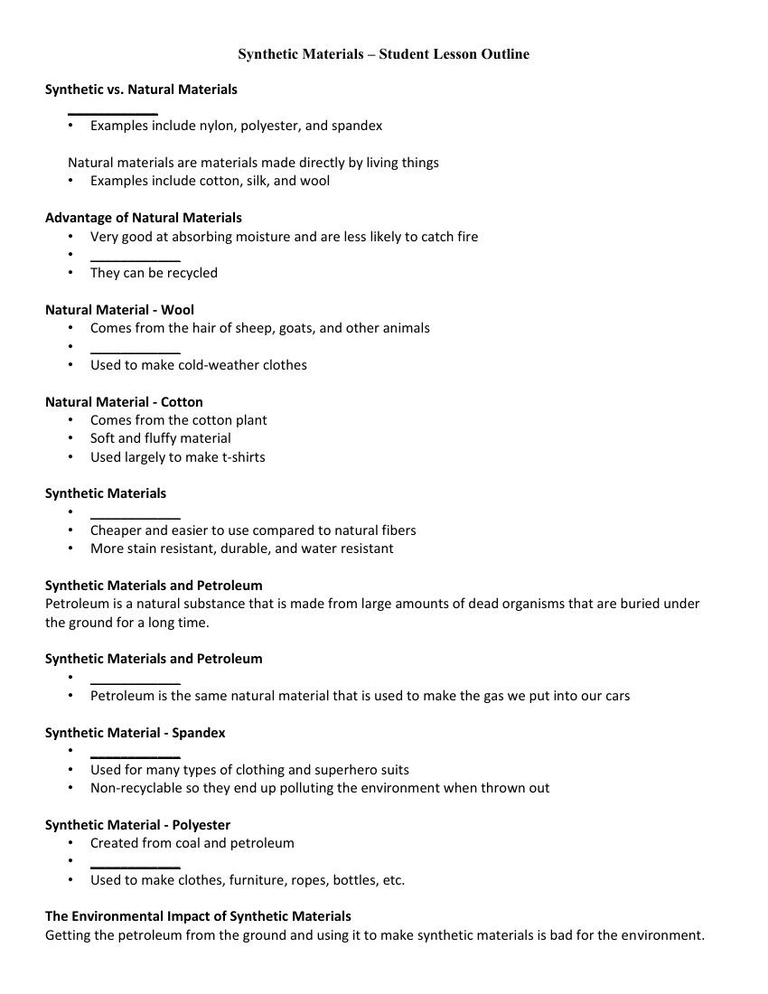 Synthetic Materials - Student Lesson Outline