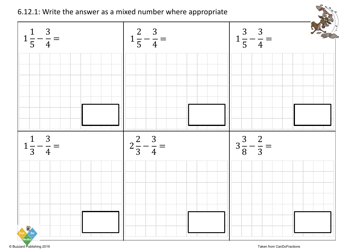 Subtract proper fractions from mixed numbers different denominators (across whole)