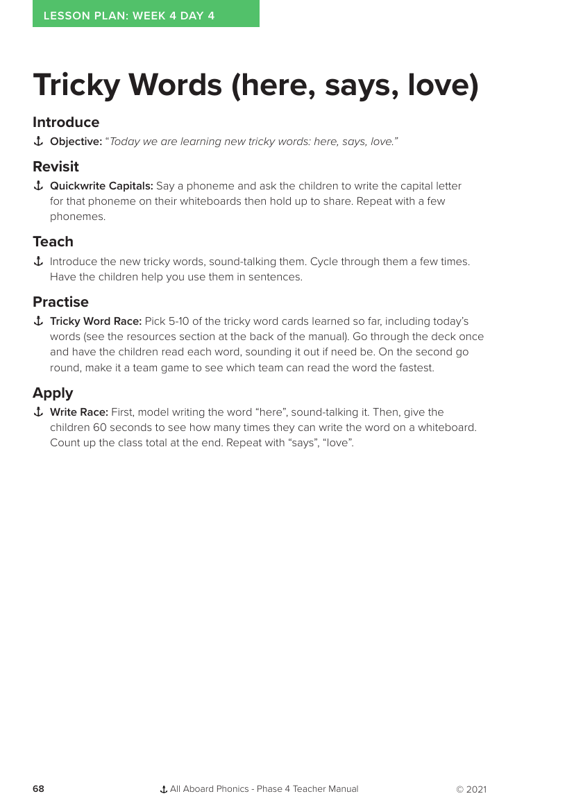 Week 4, lesson 4 Tricky Words (here,says,love) - Phonics Phase 4 - Lesson plan