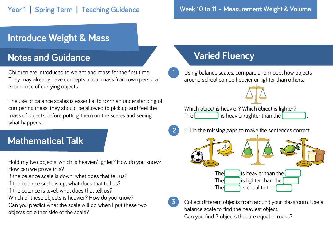 Introduce weight and mass: Varied Fluency
