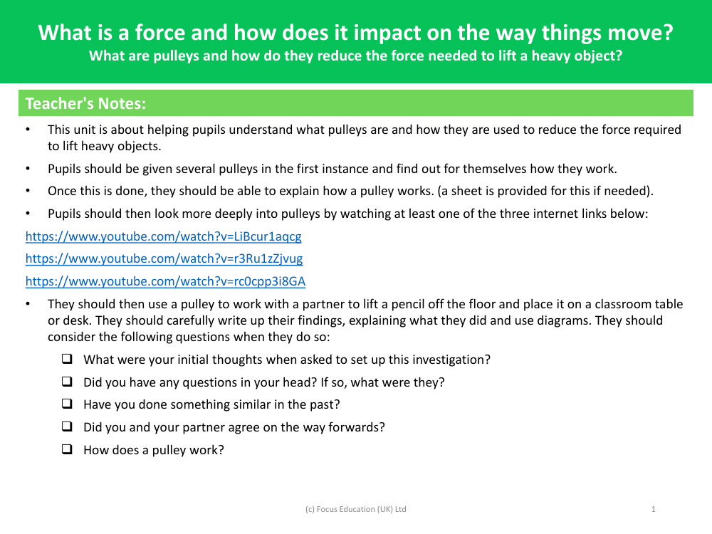 What are pulleys and how do they reduce needed to lift a heavy object? - teacher's notes