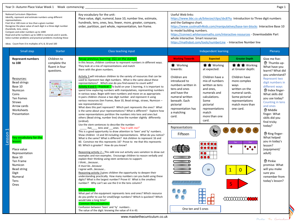 Place value - Represent numbers to 1,000 - Planning
