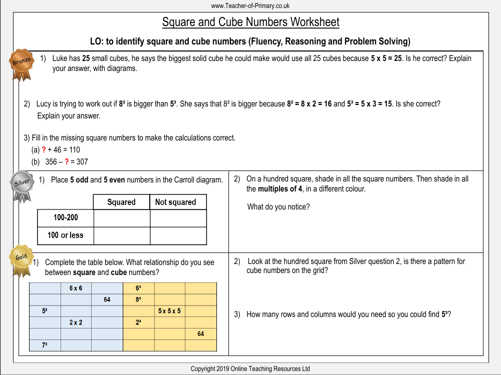Square and Cube Numbers - Worksheet