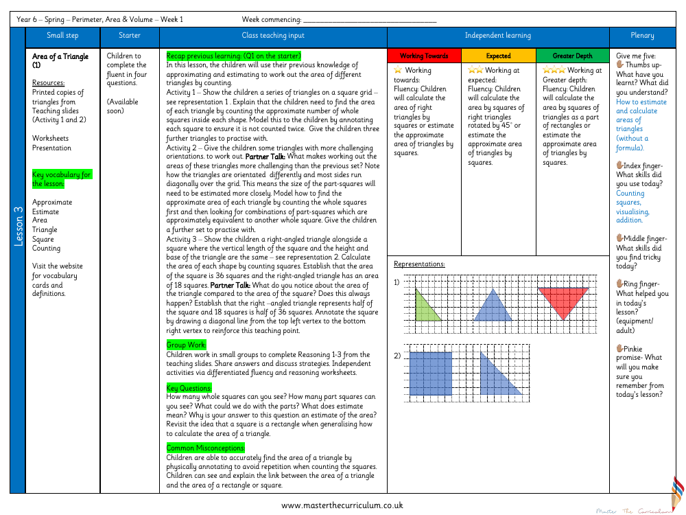 Perimeter, Area and Volume - Area of a Triangle (1) - Planning