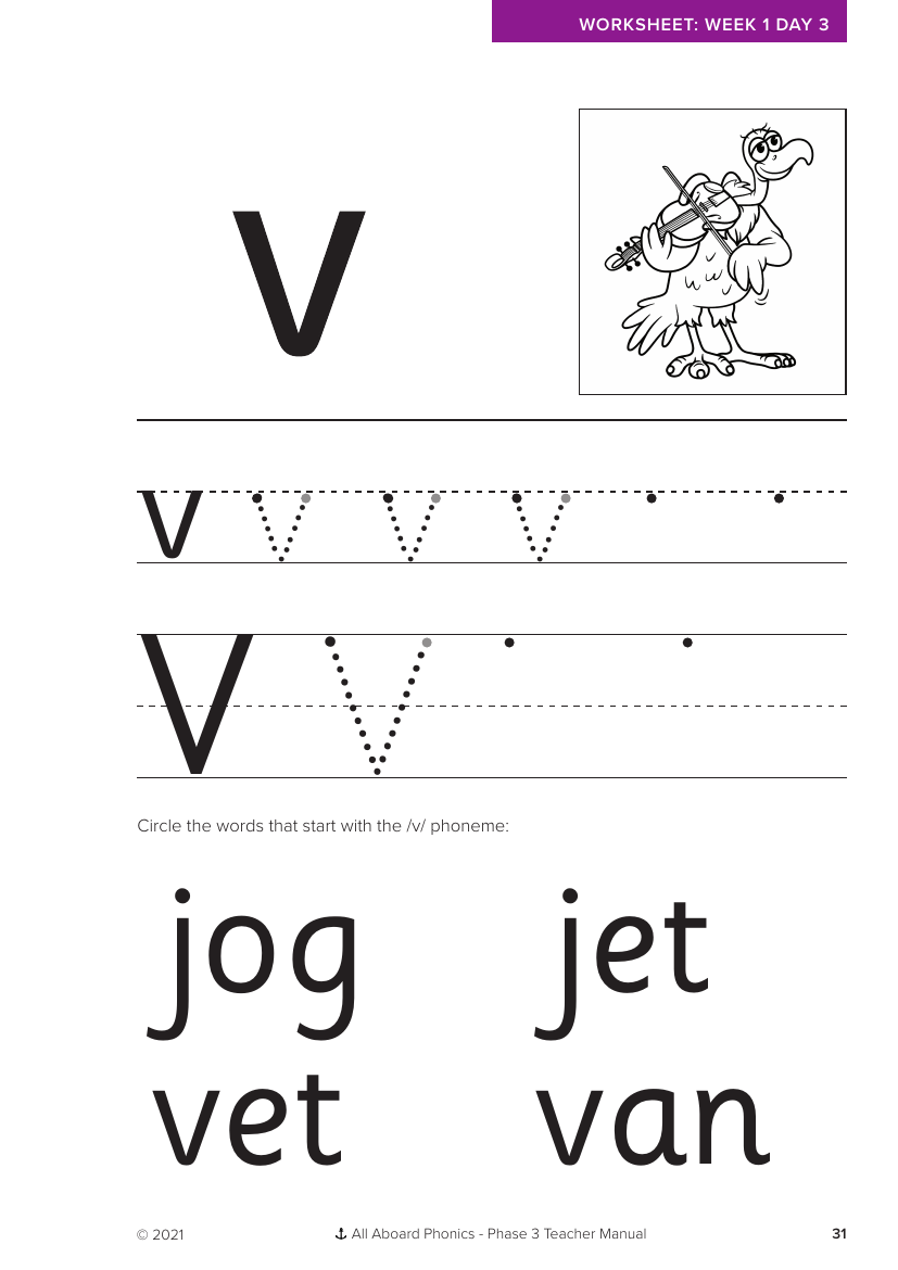 Week 1, lesson 3 Letter formation - "v" - Phonics Phase 3  - Worksheet