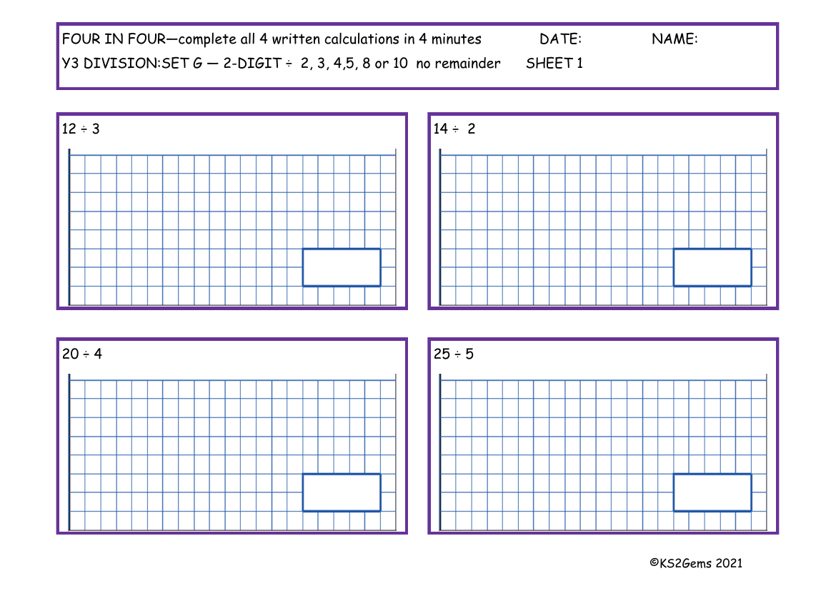 Four in Four - Division Set G 2 digit number 2, 3, 4, 5, 8 or 10 no remainder