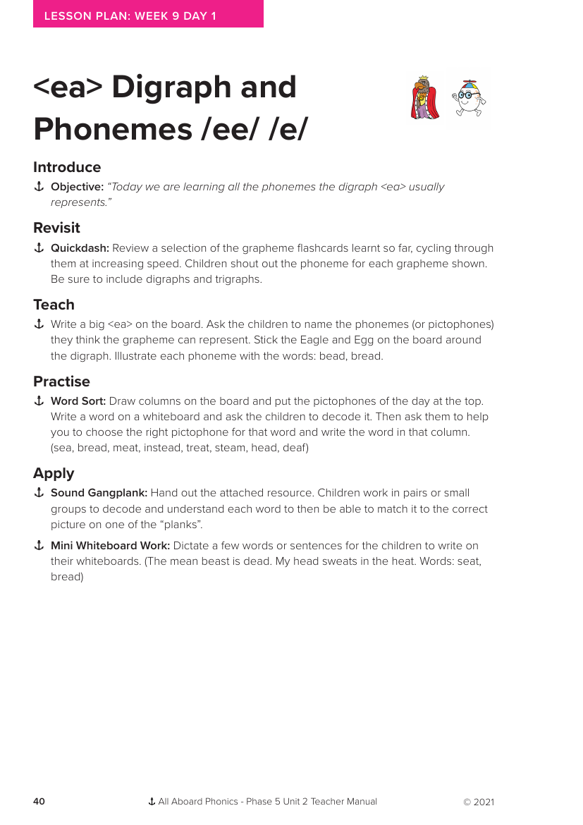 Week 9, lesson 1 "ea" Digraph and Phonemes "ee,e" - Phonics Phase 5, unit 2 - Lesson plan