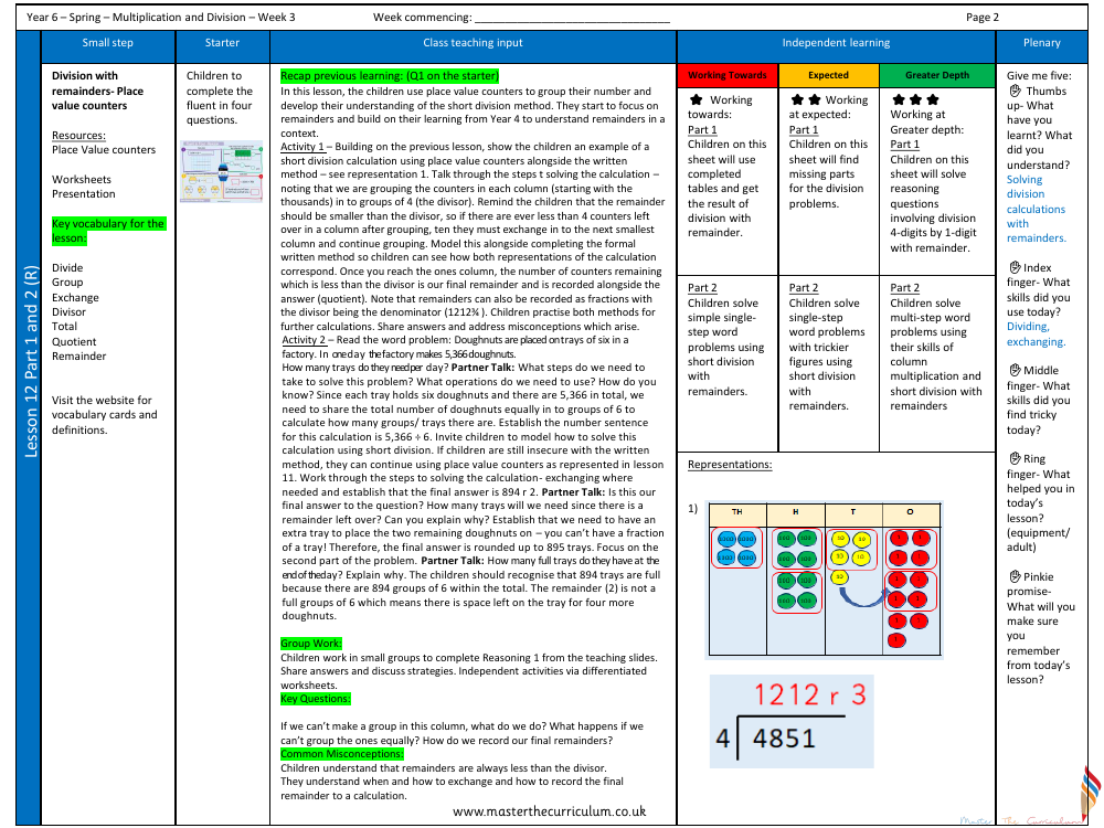Addition, Subtraction, Multiplication and Division - Division with remainders (Place value counters) - Planning