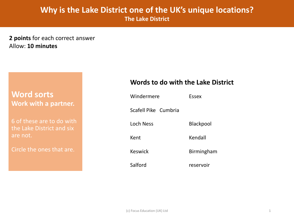Word Sorts - Lake District - Year 3