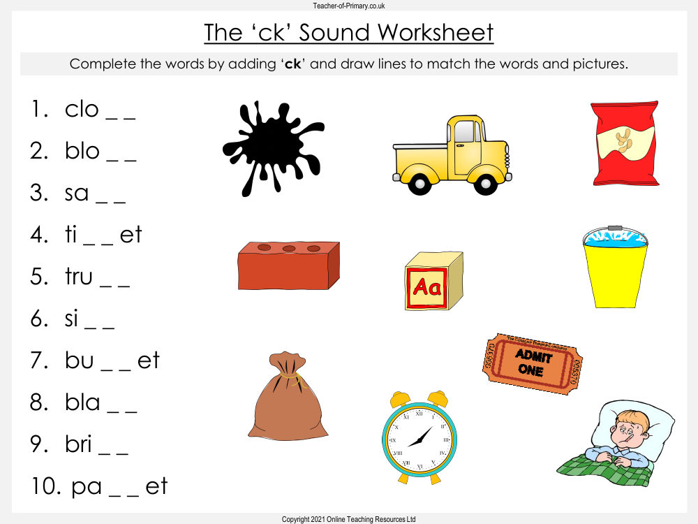 The 'ck' Sound - English Phonics Teaching Resource with Worksheets - Worksheet