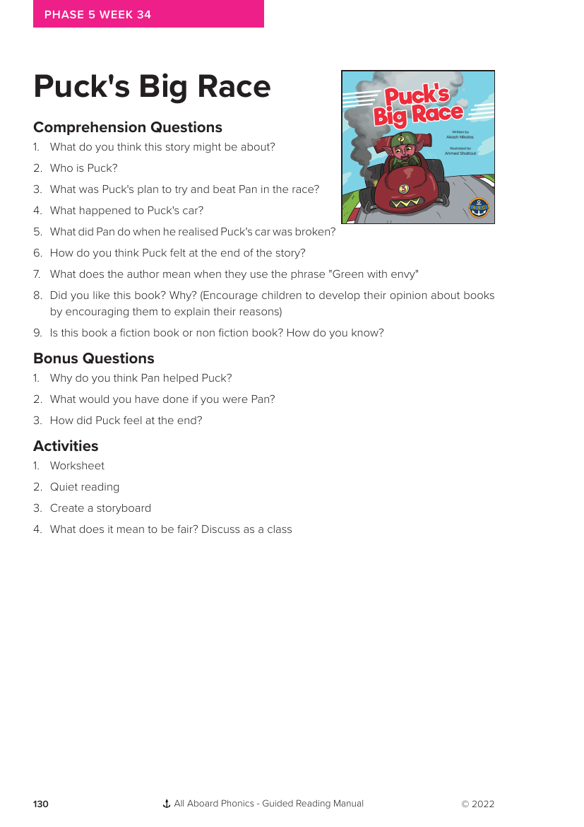 Week34, Guided Reading "Puck's Big Race" - Phonics Phase 5 - Worksheet