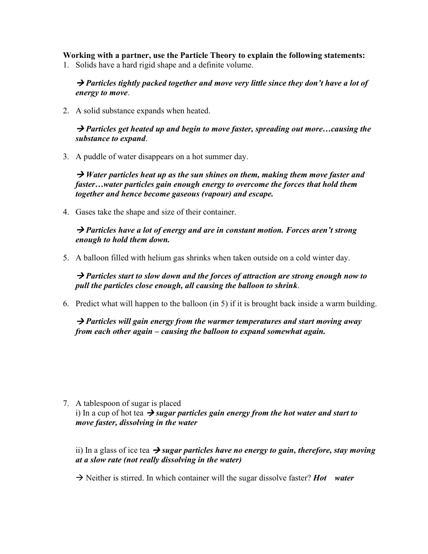 Particle Theory of Matter - Worksheet with Answers