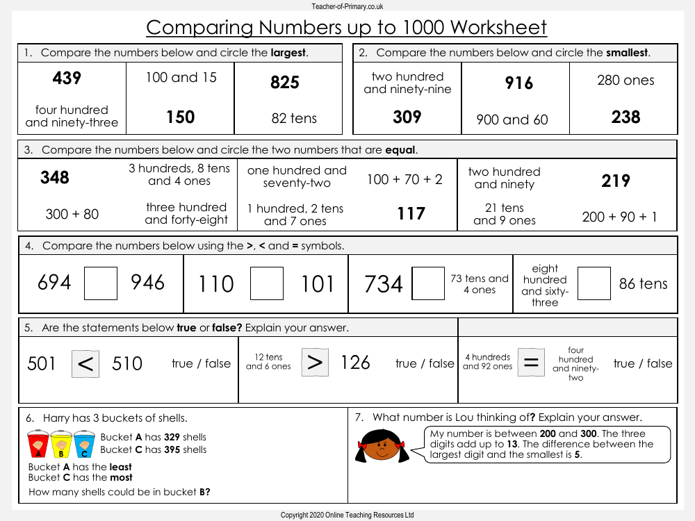 Comparing Numbers up to 1000 - Worksheet