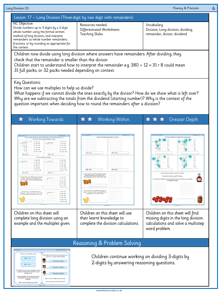 Addition, Subtraction, Multiplication and Division - Long division - 3-digits by 2-digits  (with remainders) - Worksheet