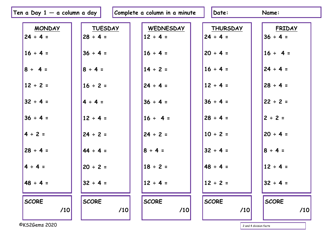 Ten a Day 2, 4 Division Facts