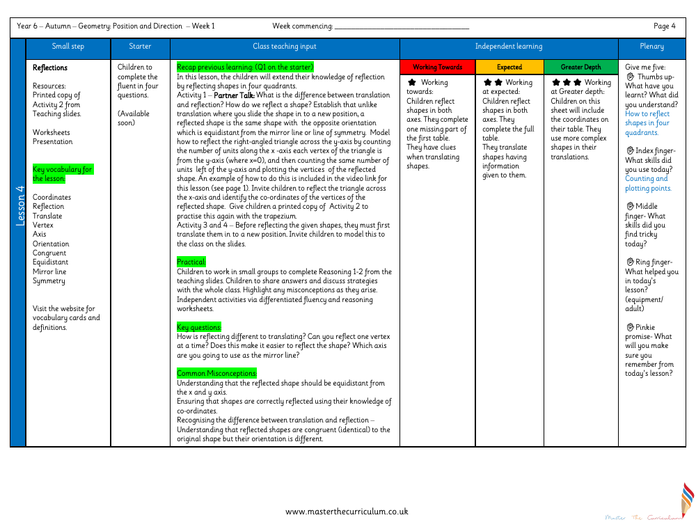 Position and Direction - Reflections - Planning