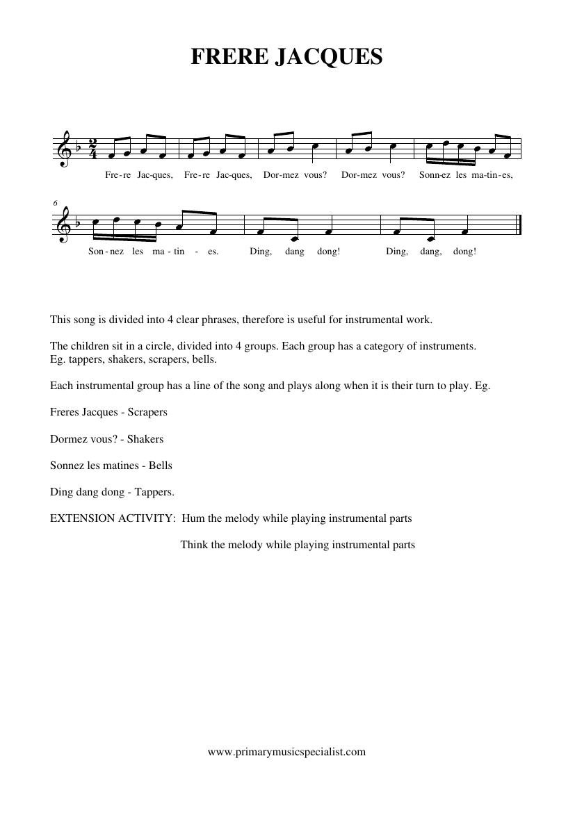 Instrumental Reception  Notations - Freres Jacques instrumental