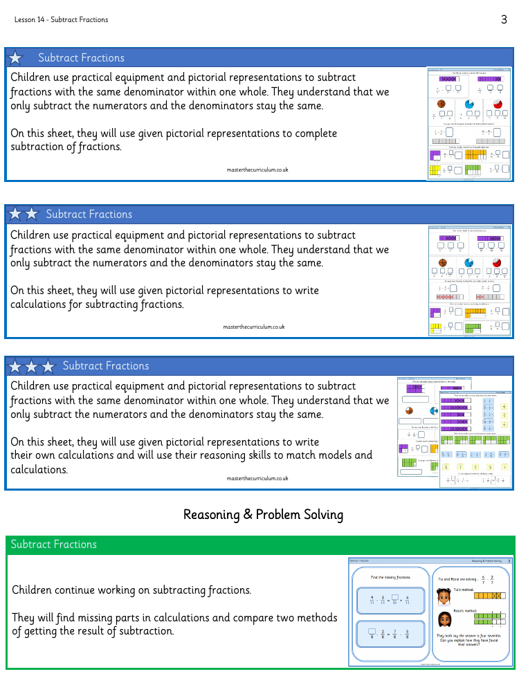 Fractions - Subtract fractions - Worksheet