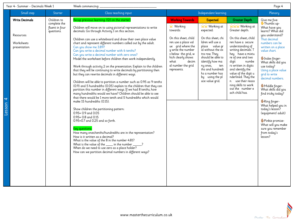 Decimals - Write Decimals - Planning