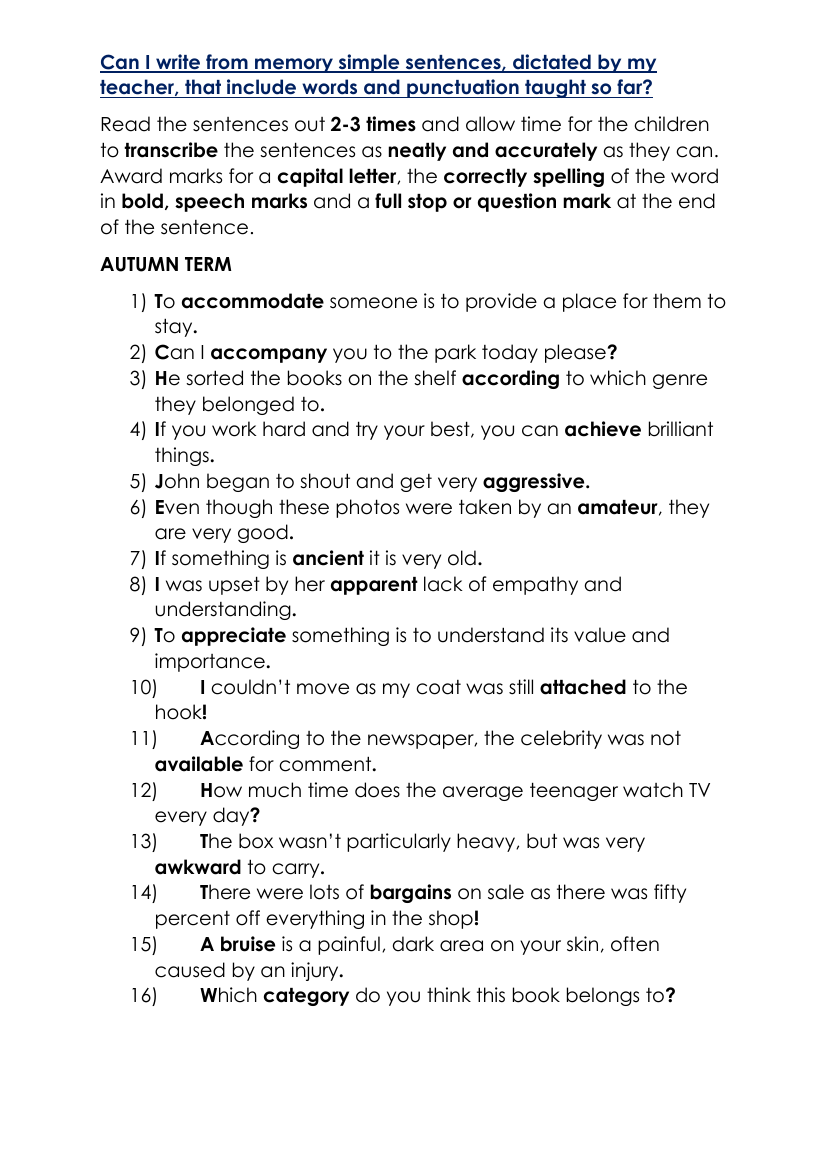 Spellings Dictation 4th Grade and 5th Grade - Autumn Term Worksheet