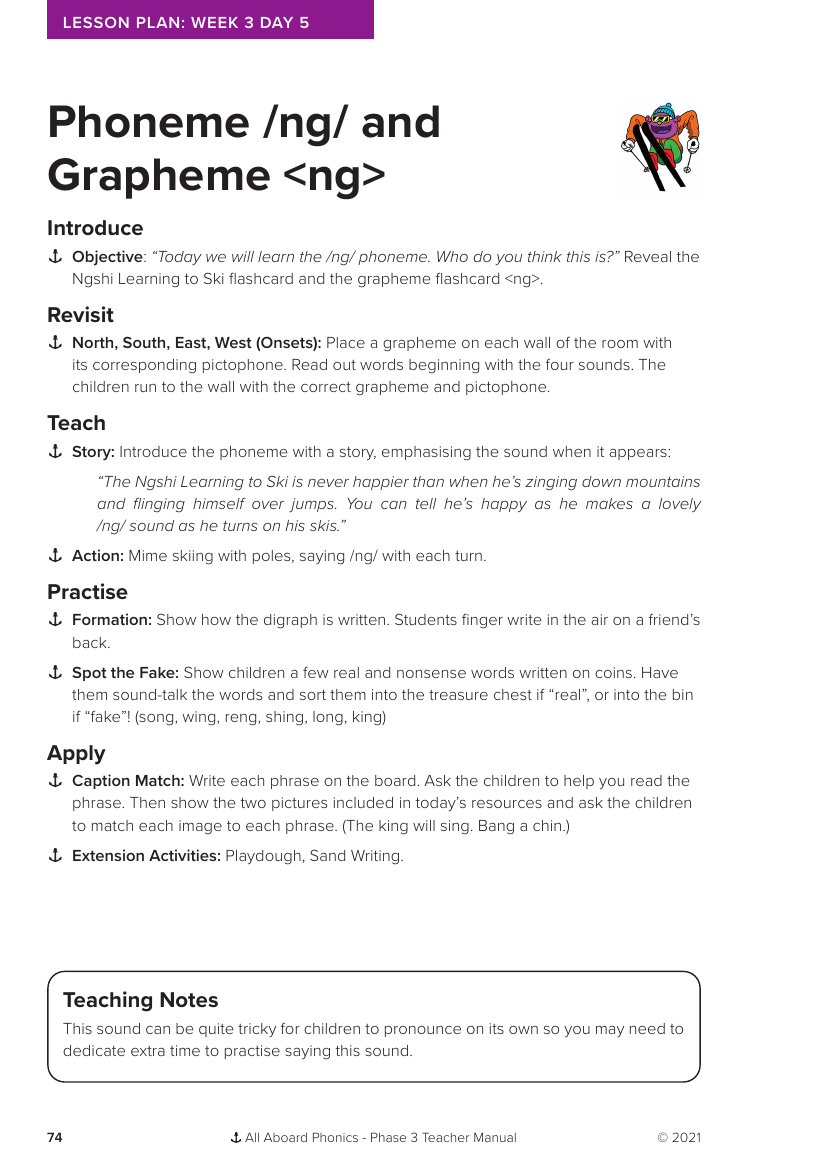 Week 3, lesson 5 Phoneme "ng" and Grapheme "ng" - Phonics Phase 3 - Lesson plan