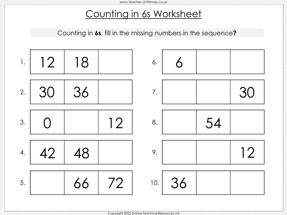 Counting in 6s to 72 - Worksheet