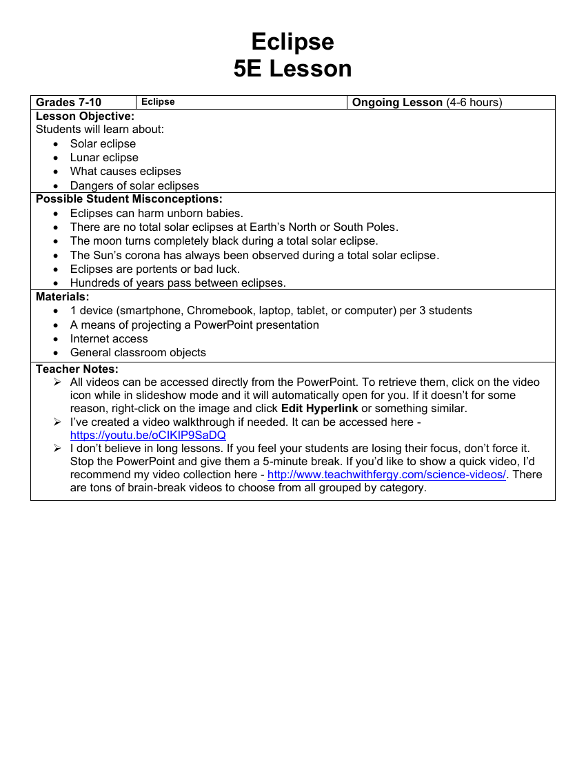 Eclipse - Solar and Lunar - Teaching Timeline